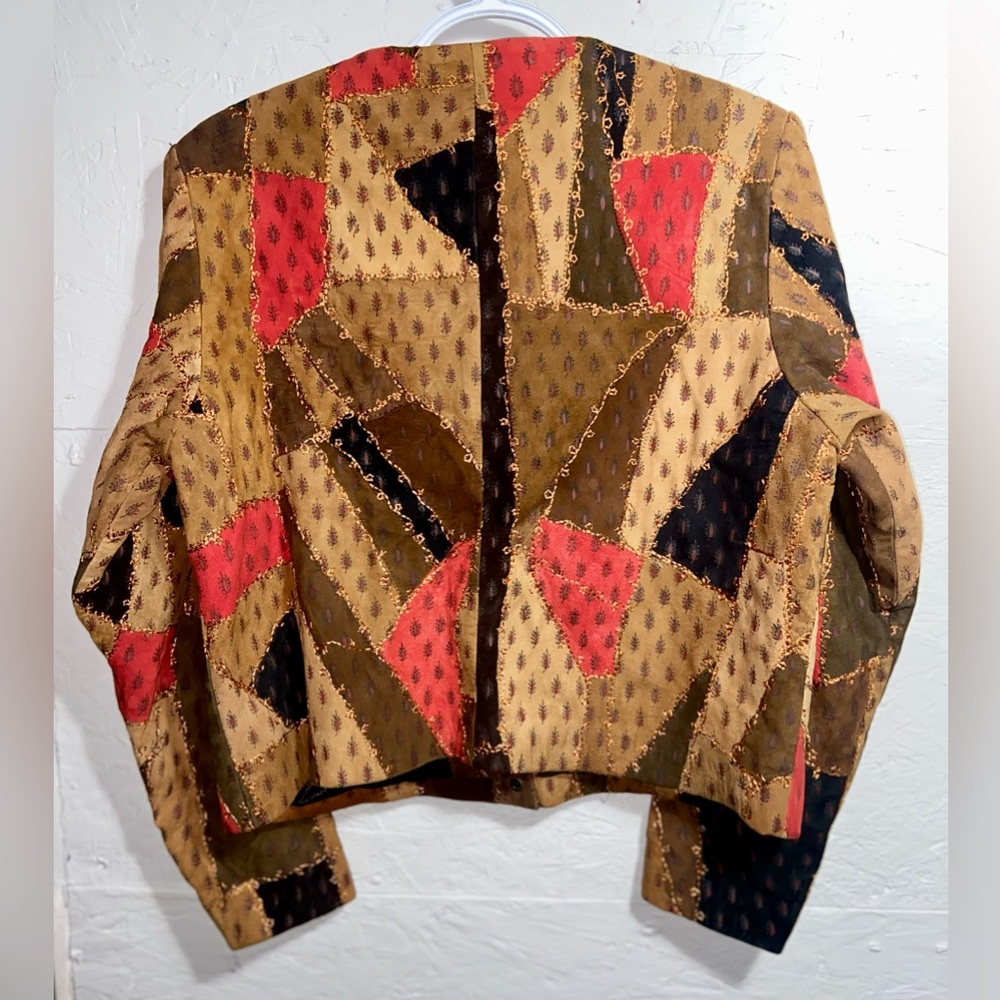 Kroshetta Patchwork Leather Suede Jacket Size Small Vintage Tan/Black/Red - Picture 6 of 7